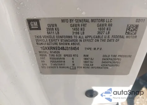 2011 GMC Acadia Sl from USA, damaged, VIN 1GKKRNED4BJ318454